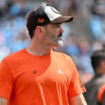 Head coach Kevin Stefanski of the Cleveland Browns looks on during the second quarter against the Carolina Panthers at Bank of America Stadium on September 11, 2022 in Charlotte, North Carolina.