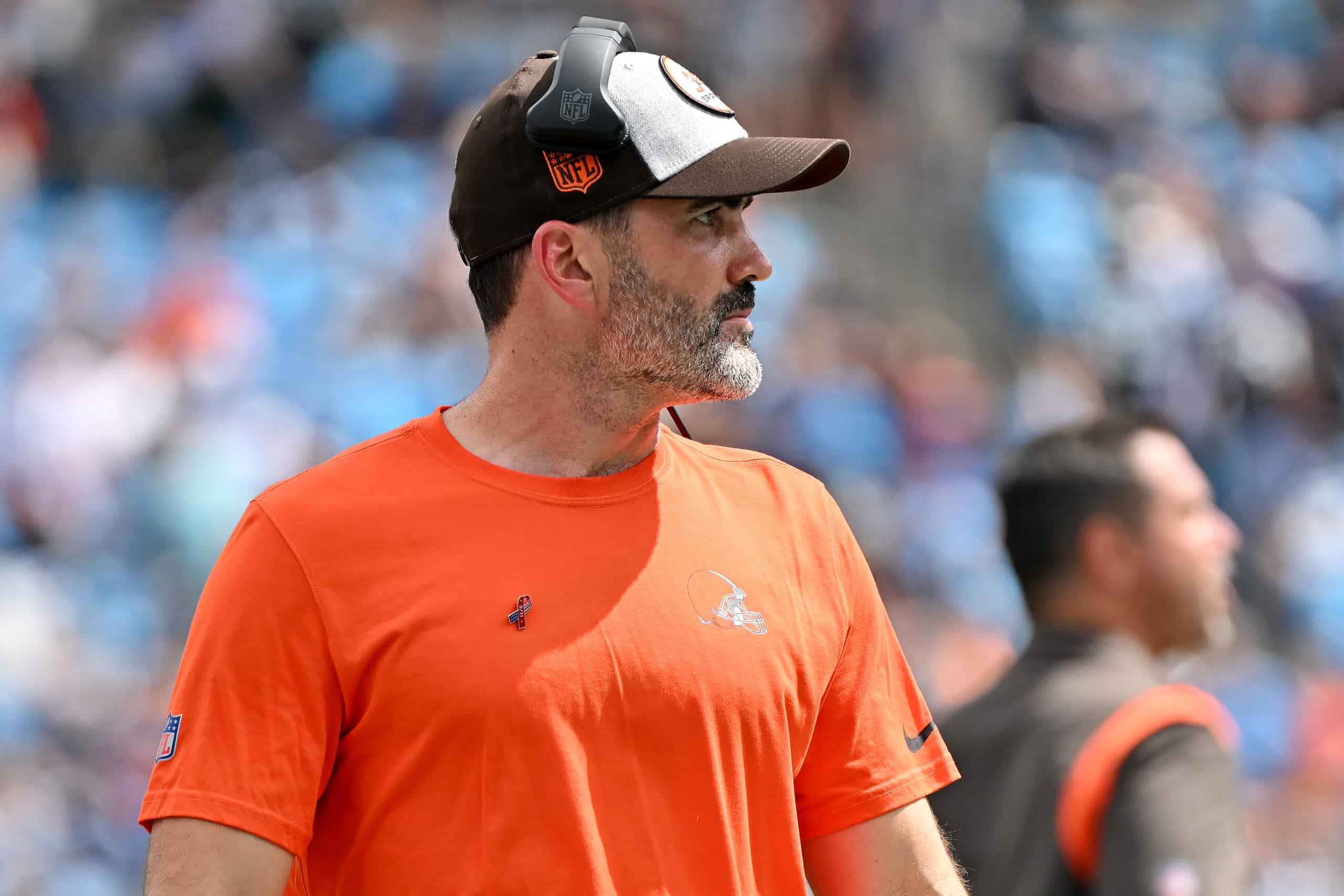 Head coach Kevin Stefanski of the Cleveland Browns looks on during the second quarter against the Carolina Panthers at Bank of America Stadium on September 11, 2022 in Charlotte, North Carolina.