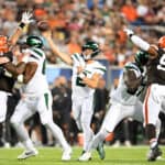 Zach Wilson #2 of the New York Jets throws a pass during the first half of the 2023 Pro Hall of Fame Game against the Cleveland Browns at Tom Benson Hall Of Fame Stadium on August 3, 2023 in Canton, Ohio.