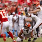 Cade York #3 of the Cleveland Browns misses a fourth quarter field goal during a preseason game against the Kansas City Chiefs at GEHA Field at Arrowhead Stadium on August 26, 2023 in Kansas City, Missouri. The Chiefs won 33-32.