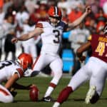 Cade York #3 of the Cleveland Browns kicks a field goal during the first quarter against the Washington Commanders at FedExField on January 01, 2023 in Landover, Maryland.