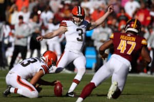 Cade York #3 of the Cleveland Browns kicks a field goal during the first quarter against the Washington Commanders at FedExField on January 01, 2023 in Landover, Maryland.