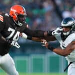 Dawand Jones #74 of the Cleveland Browns blocks Nolan Smith #3 of the Philadelphia Eagles in the first half of the preseason game at Lincoln Financial Field on August 17, 2023 in Philadelphia, Pennsylvania.