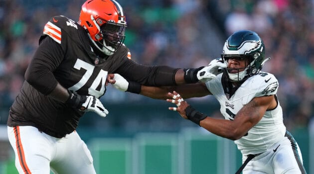 Dawand Jones #74 of the Cleveland Browns blocks Nolan Smith #3 of the Philadelphia Eagles in the first half of the preseason game at Lincoln Financial Field on August 17, 2023 in Philadelphia, Pennsylvania.