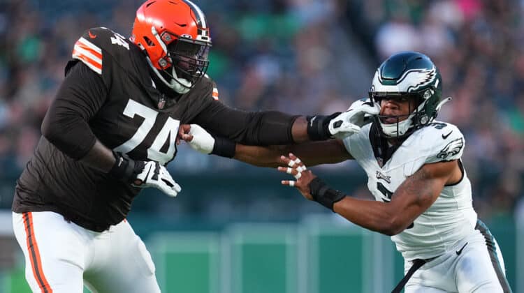 Dawand Jones #74 of the Cleveland Browns blocks Nolan Smith #3 of the Philadelphia Eagles in the first half of the preseason game at Lincoln Financial Field on August 17, 2023 in Philadelphia, Pennsylvania.