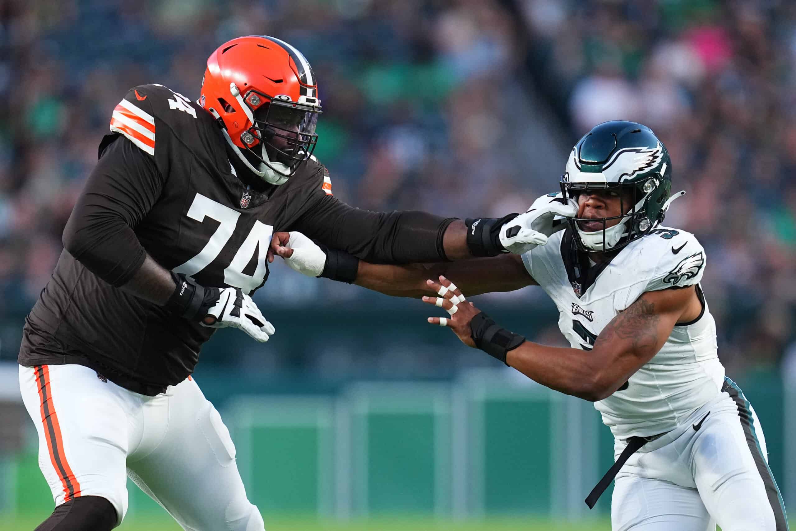 Dawand Jones #74 of the Cleveland Browns blocks Nolan Smith #3 of the Philadelphia Eagles in the first half of the preseason game at Lincoln Financial Field on August 17, 2023 in Philadelphia, Pennsylvania.