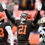 Denzel Ward #21 of the Cleveland Browns breaking up a pass during the first half in the game against the New Orleans Saints at FirstEnergy Stadium on December 24, 2022 in Cleveland, Ohio.