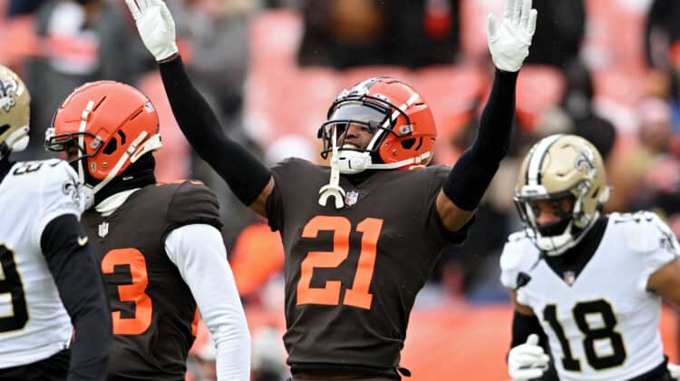 Denzel Ward #21 of the Cleveland Browns breaking up a pass during the first half in the game against the New Orleans Saints at FirstEnergy Stadium on December 24, 2022 in Cleveland, Ohio.