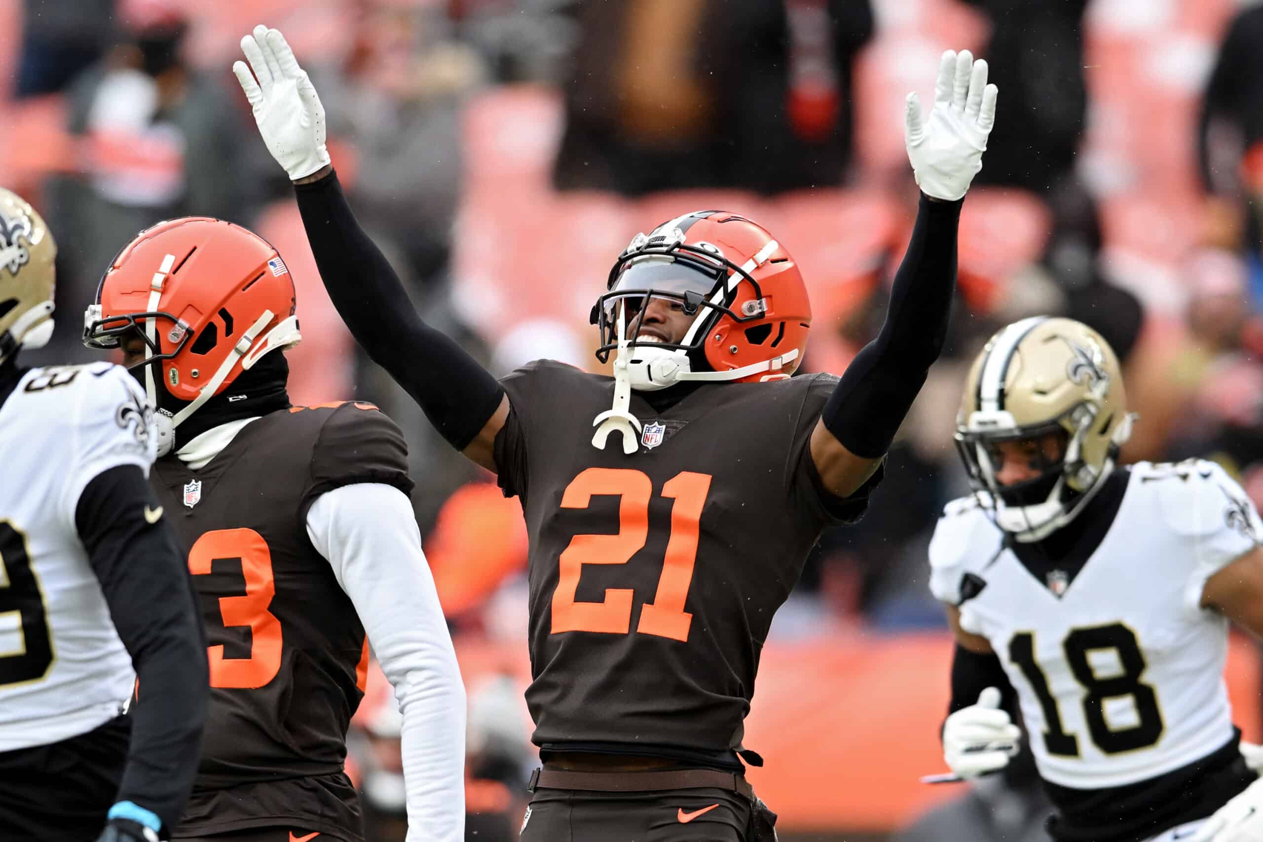 Denzel Ward #21 of the Cleveland Browns breaking up a pass during the first half in the game against the New Orleans Saints at FirstEnergy Stadium on December 24, 2022 in Cleveland, Ohio.