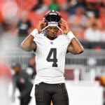 Deshaun Watson #4 of the Cleveland Browns warms up before a preseason game against the Washington Commanders at Cleveland Browns Stadium on August 11, 2023 in Cleveland, Ohio.