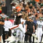 Dorian Thompson-Robinson #17 of the Cleveland Browns looks to pass during the second half of the 2023 Pro Hall of Fame Game against the New York Jets at Tom Benson Hall Of Fame Stadium on August 3, 2023 in Canton, Ohio.