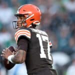 Dorian Thompson-Robinson #17 of the Cleveland Browns passes during the first quarter against the Philadelphia Eagles at Lincoln Financial Field on August 17, 2023 in Philadelphia, Pennsylvania