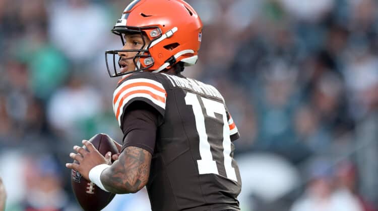Dorian Thompson-Robinson #17 of the Cleveland Browns passes during the first quarter against the Philadelphia Eagles at Lincoln Financial Field on August 17, 2023 in Philadelphia, Pennsylvania