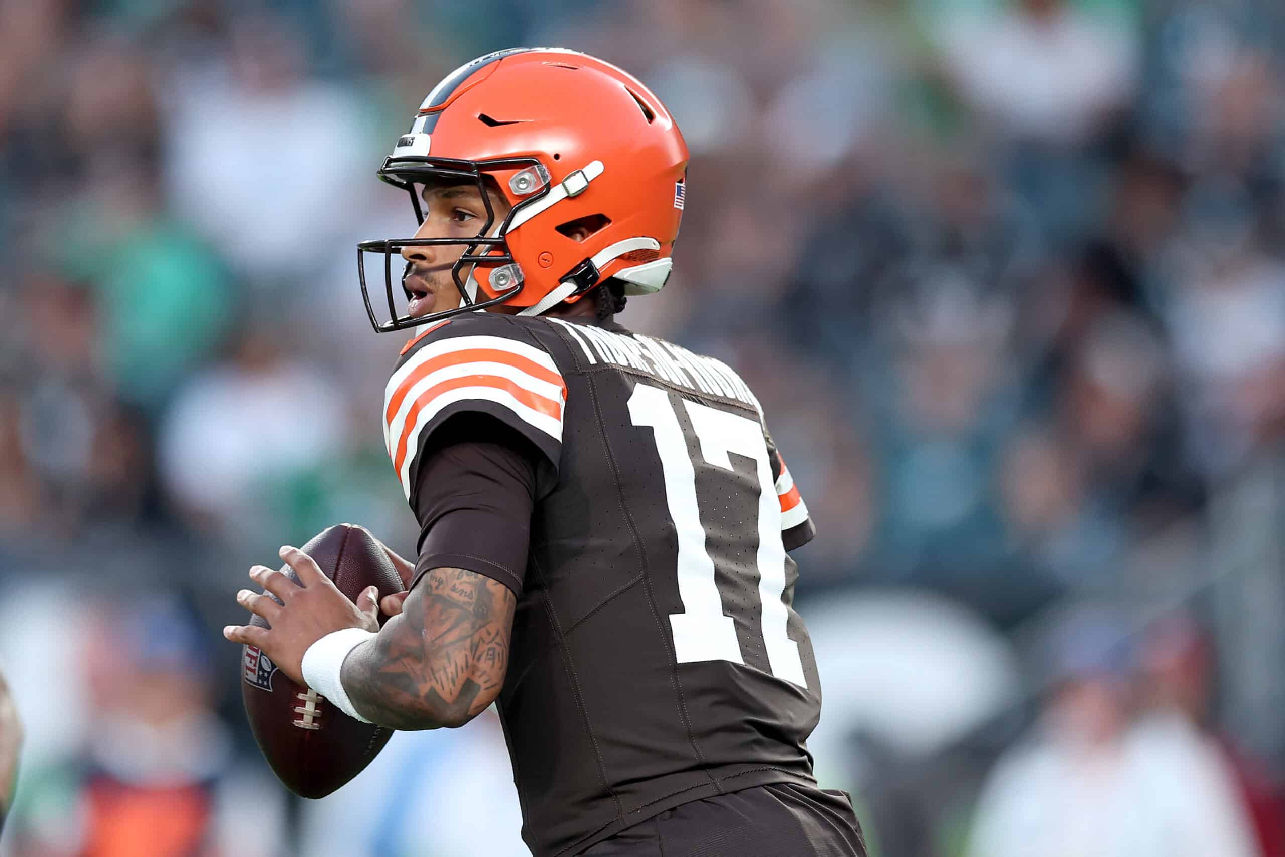 Dorian Thompson-Robinson #17 of the Cleveland Browns passes during the first quarter against the Philadelphia Eagles at Lincoln Financial Field on August 17, 2023 in Philadelphia, Pennsylvania