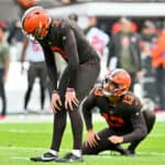 Cade York #3 of the Cleveland Browns reacts after missing a field goal during the first half at FirstEnergy Stadium on November 27, 2022 in Cleveland, Ohio.