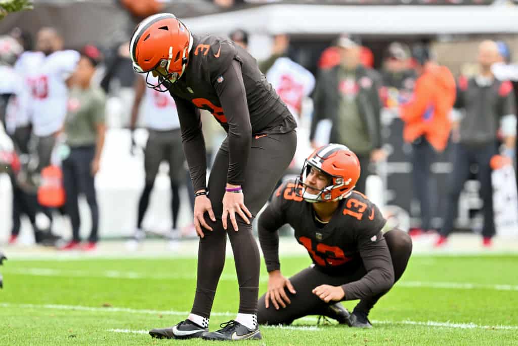 Cade York #3 of the Cleveland Browns reacts after missing a field goal during the first half at FirstEnergy Stadium on November 27, 2022 in Cleveland, Ohio.