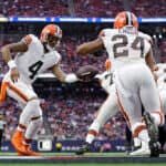 Deshaun Watson #4 of the Cleveland Browns hands the ball off to Nick Chubb #24 of the Cleveland Browns during the second quarter against the Houston Texans at NRG Stadium on December 04, 2022 in Houston, Texas.