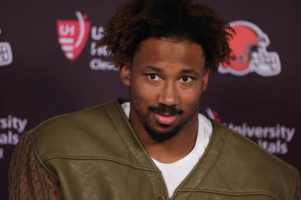 Myles Garrett #95 of the Cleveland Browns speaks with media following a game against the Cleveland Browns at NRG Stadium on December 04, 2022 in Houston, Texas.