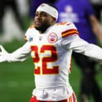 Juan Thornhill #22 of the Kansas City Chiefs celebrates after defeating the Philadelphia Eagles 38-35 to win Super Bowl LVII at State Farm Stadium on February 12, 2023 in Glendale, Arizona.