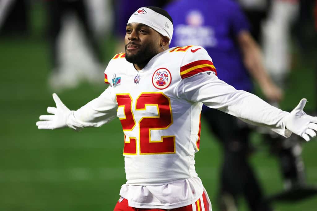 Juan Thornhill #22 of the Kansas City Chiefs celebrates after defeating the Philadelphia Eagles 38-35 to win Super Bowl LVII at State Farm Stadium on February 12, 2023 in Glendale, Arizona.