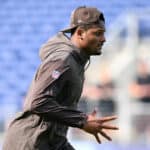 Deshaun Watson #4 of the Cleveland Browns warms up prior to the 2023 Pro Hall of Fame Game against the New York Jets at Tom Benson Hall Of Fame Stadium on August 3, 2023 in Canton, Ohio.