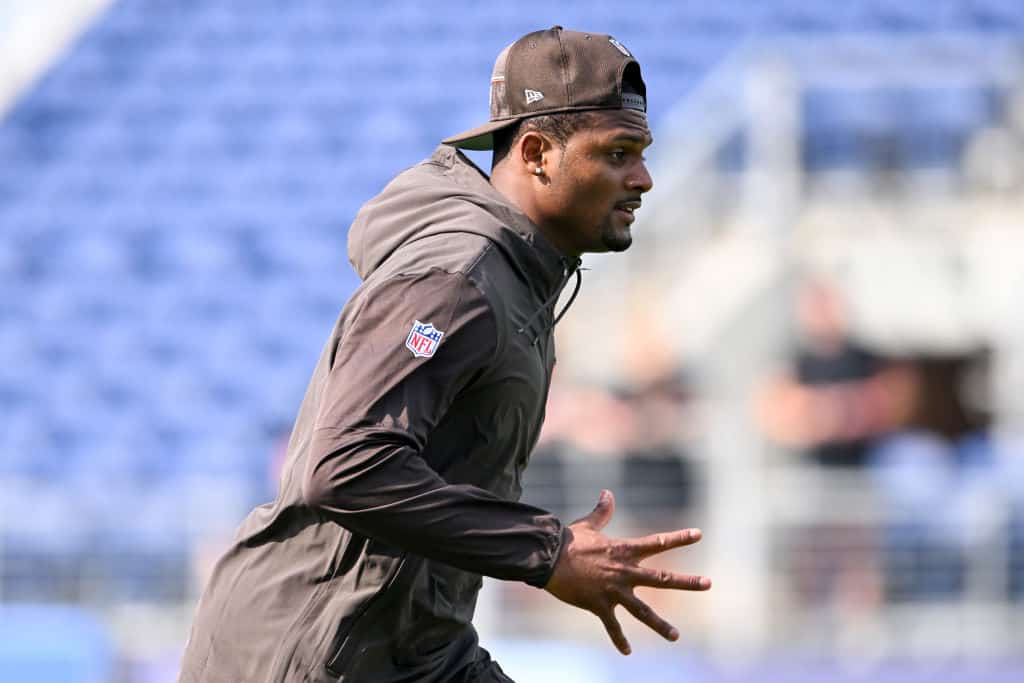 Deshaun Watson #4 of the Cleveland Browns warms up prior to the 2023 Pro Hall of Fame Game against the New York Jets at Tom Benson Hall Of Fame Stadium on August 3, 2023 in Canton, Ohio.