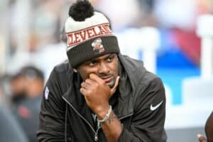 Deshaun Watson #4 of the Cleveland Browns looks on prior to the 2023 Pro Hall of Fame Game against the New York Jets at Tom Benson Hall Of Fame Stadium on August 3, 2023 in Canton, Ohio.