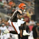 Dorian Thompson-Robinson #17 of the Cleveland Browns celebrates a 16-yard touchdown run by Demetric Felton Jr. during the second half of the 2023 Pro Hall of Fame Game against the New York Jets at Tom Benson Hall Of Fame Stadium on August 3, 2023 in Canton, Ohio.