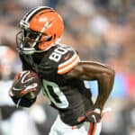Austin Watkins Jr. #80 of the Cleveland Browns scores a 22-yard touchdown during the second half of the 2023 Pro Hall of Fame Game against the New York Jets at Tom Benson Hall Of Fame Stadium on August 3, 2023 in Canton, Ohio.