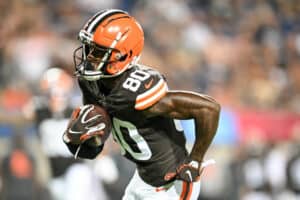 Austin Watkins Jr. #80 of the Cleveland Browns scores a 22-yard touchdown during the second half of the 2023 Pro Hall of Fame Game against the New York Jets at Tom Benson Hall Of Fame Stadium on August 3, 2023 in Canton, Ohio.