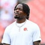Marquise Goodwin #19 of the Cleveland Browns looks on prior to a preseason game against the Washington Commanders at Cleveland Browns Stadium on August 11, 2023 in Cleveland, Ohio.