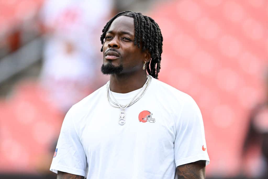Marquise Goodwin #19 of the Cleveland Browns looks on prior to a preseason game against the Washington Commanders at Cleveland Browns Stadium on August 11, 2023 in Cleveland, Ohio.