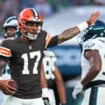 Dorian Thompson-Robinson #17 of the Cleveland Browns reacts against the Philadelphia Eagles in the first half of the preseason game at Lincoln Financial Field on August 17, 2023 in Philadelphia, Pennsylvania.
