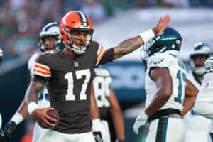 Dorian Thompson-Robinson #17 of the Cleveland Browns reacts against the Philadelphia Eagles in the first half of the preseason game at Lincoln Financial Field on August 17, 2023 in Philadelphia, Pennsylvania.