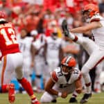 Cade York #3 of the Cleveland Browns misses a fourth quarter field goal during a preseason game against the Kansas City Chiefs at GEHA Field at Arrowhead Stadium on August 26, 2023 in Kansas City, Missouri. The Chiefs won 33-32.