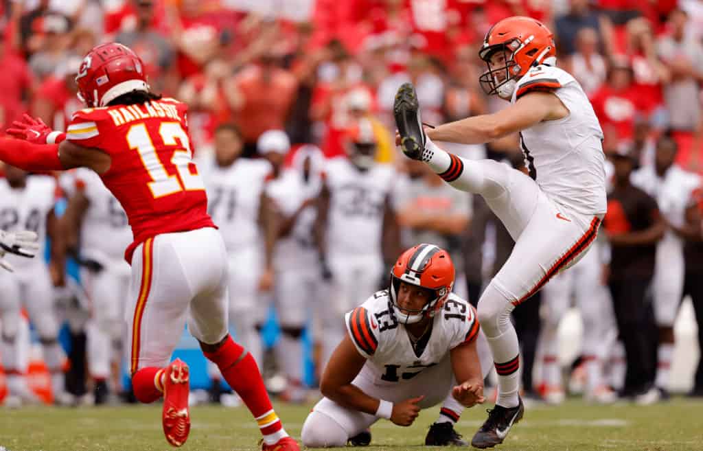 Cade York #3 of the Cleveland Browns misses a fourth quarter field goal during a preseason game against the Kansas City Chiefs at GEHA Field at Arrowhead Stadium on August 26, 2023 in Kansas City, Missouri. The Chiefs won 33-32.