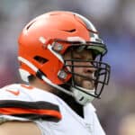 Joel Bitonio #75 of the Cleveland Browns warms up before the start of the Browns and Baltimore Ravens game at M&T Bank Stadium on September 29, 2019 in Baltimore, Maryland.