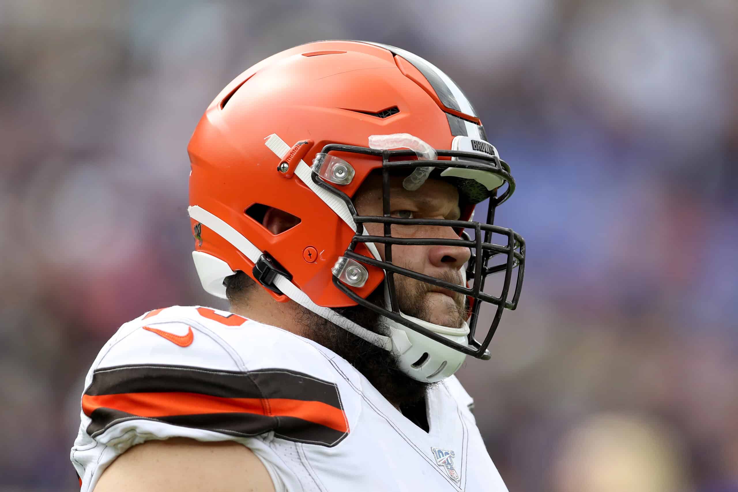 Joel Bitonio #75 of the Cleveland Browns warms up before the start of the Browns and Baltimore Ravens game at M&T Bank Stadium on September 29, 2019 in Baltimore, Maryland.