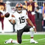 Joshua Dobbs #15 of the Cleveland Browns reacts after being sacked during the first half of a preseason game against the Washington Commanders at Cleveland Browns Stadium on August 11, 2023 in Cleveland, Ohio.