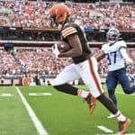 Amari Cooper #2 of the Cleveland Browns steps out of bounds during the first half in the game against the Tennessee Titans at Cleveland Browns Stadium on September 24, 2023 in Cleveland, Ohio.