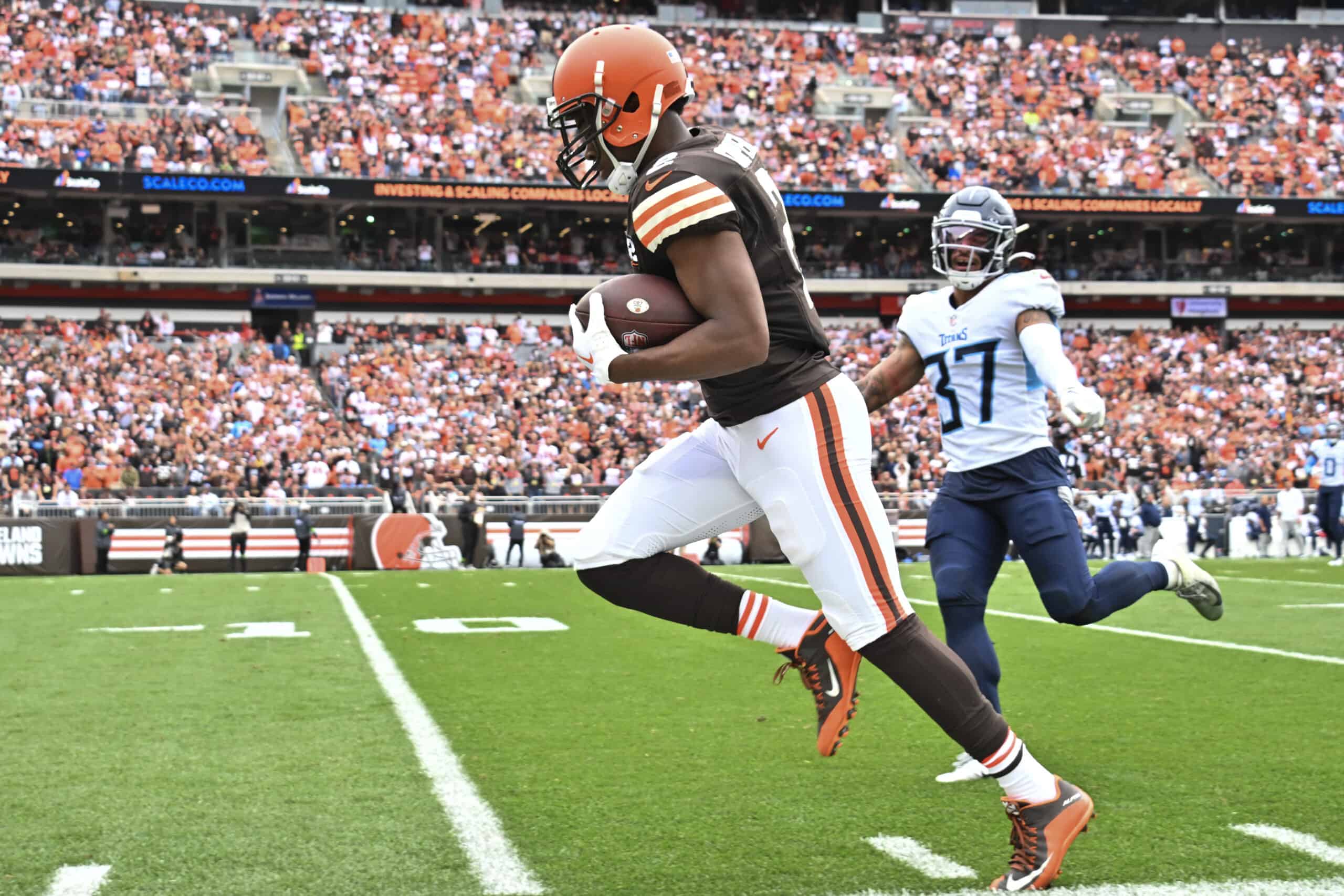 Amari Cooper #2 of the Cleveland Browns steps out of bounds during the first half in the game against the Tennessee Titans at Cleveland Browns Stadium on September 24, 2023 in Cleveland, Ohio. 