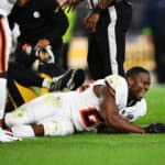 Nick Chubb #24 of the Cleveland Browns reacts after sustaining a knee injury against the Pittsburgh Steelers during the second quarter at Acrisure Stadium on September 18, 2023 in Pittsburgh, Pennsylvania.