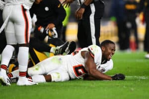 Nick Chubb #24 of the Cleveland Browns reacts after sustaining a knee injury against the Pittsburgh Steelers during the second quarter at Acrisure Stadium on September 18, 2023 in Pittsburgh, Pennsylvania.