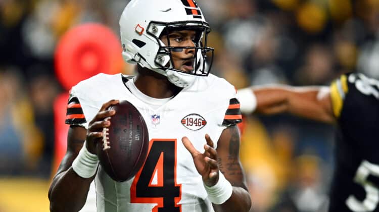 Deshaun Watson #4 of the Cleveland Browns looks to pass against the Pittsburgh Steelers during the first quarter at Acrisure Stadium on September 18, 2023 in Pittsburgh, Pennsylvania.