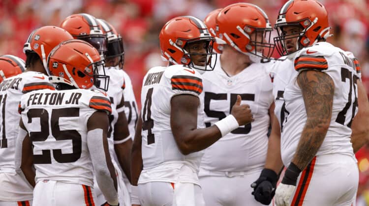 Deshaun Watson #4 of the Cleveland Browns looks to the sidelines during the first quarter of a preseason game against the Kansas City Chiefs at GEHA Field at Arrowhead Stadium on August 26, 2023 in Kansas City, Missouri.