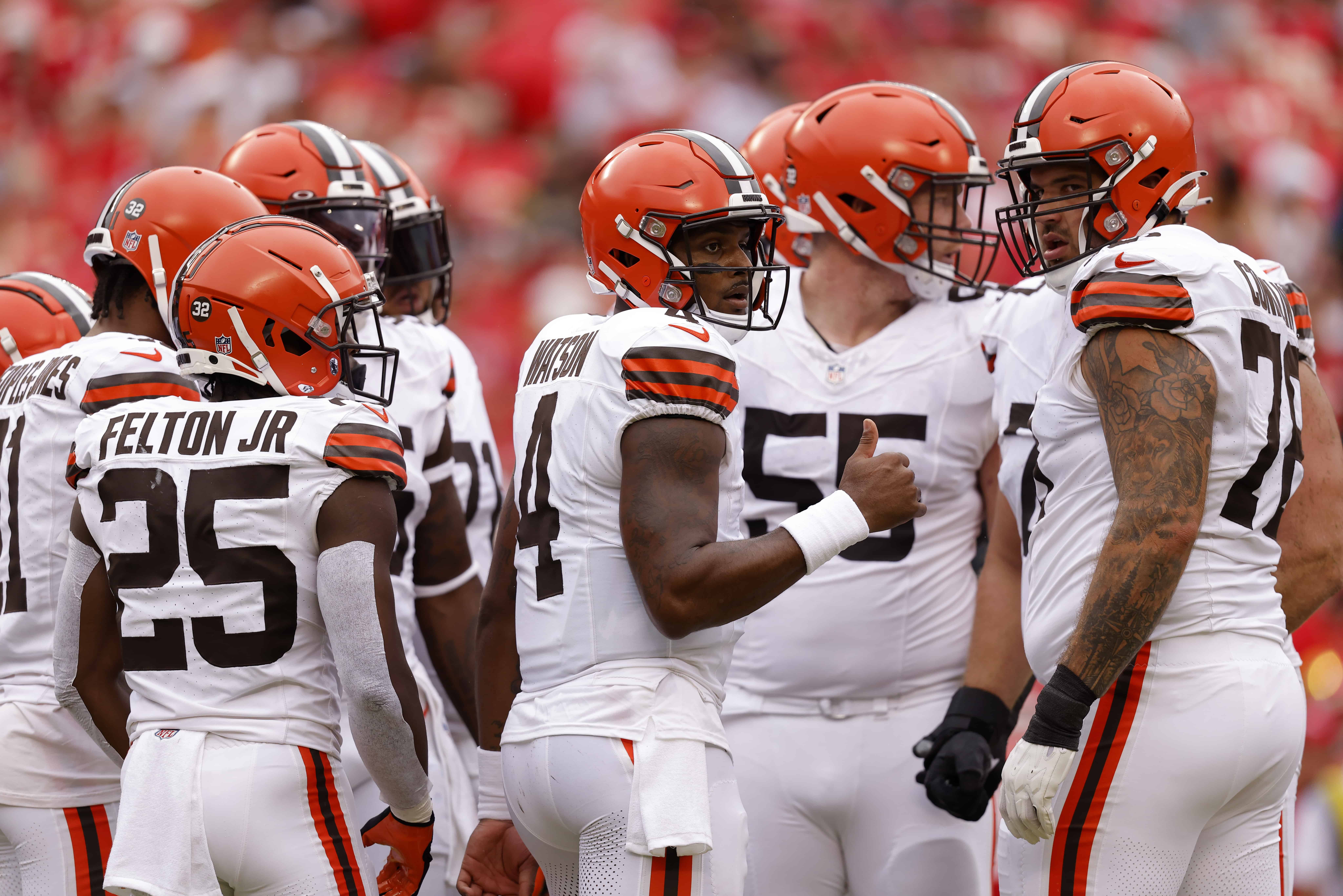 Deshaun Watson #4 of the Cleveland Browns looks to the sidelines during the first quarter of a preseason game against the Kansas City Chiefs at GEHA Field at Arrowhead Stadium on August 26, 2023 in Kansas City, Missouri.