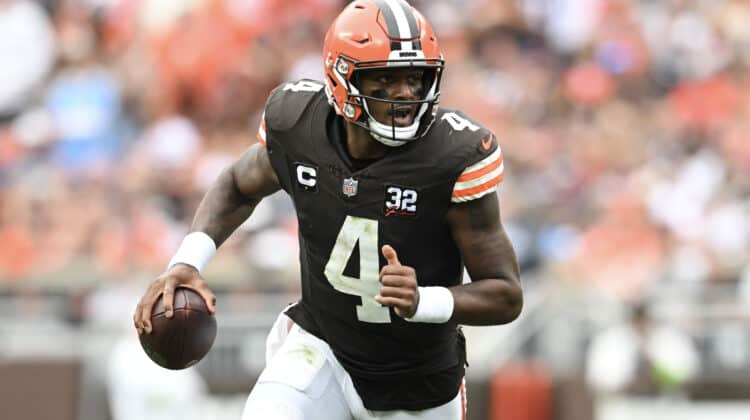 Deshaun Watson #4 of the Cleveland Browns scrambles during the third quarter in the game against the Tennessee Titans at Cleveland Browns Stadium on September 24, 2023 in Cleveland, Ohio.