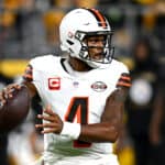 Deshaun Watson #4 of the Cleveland Browns looks to pass against the Pittsburgh Steelers during the first quarter at Acrisure Stadium on September 18, 2023 in Pittsburgh, Pennsylvania.