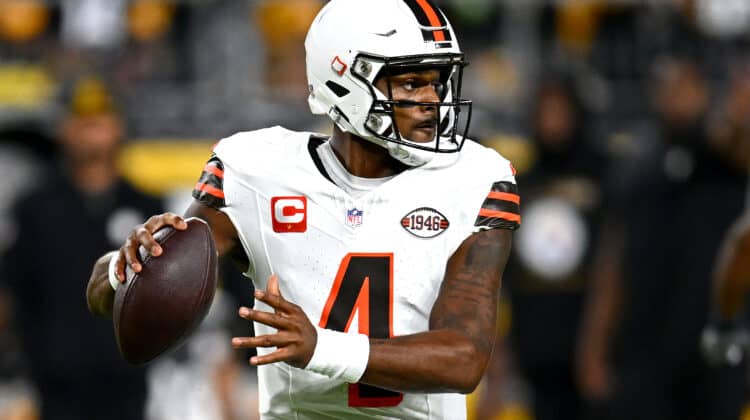 Deshaun Watson #4 of the Cleveland Browns looks to pass against the Pittsburgh Steelers during the first quarter at Acrisure Stadium on September 18, 2023 in Pittsburgh, Pennsylvania.