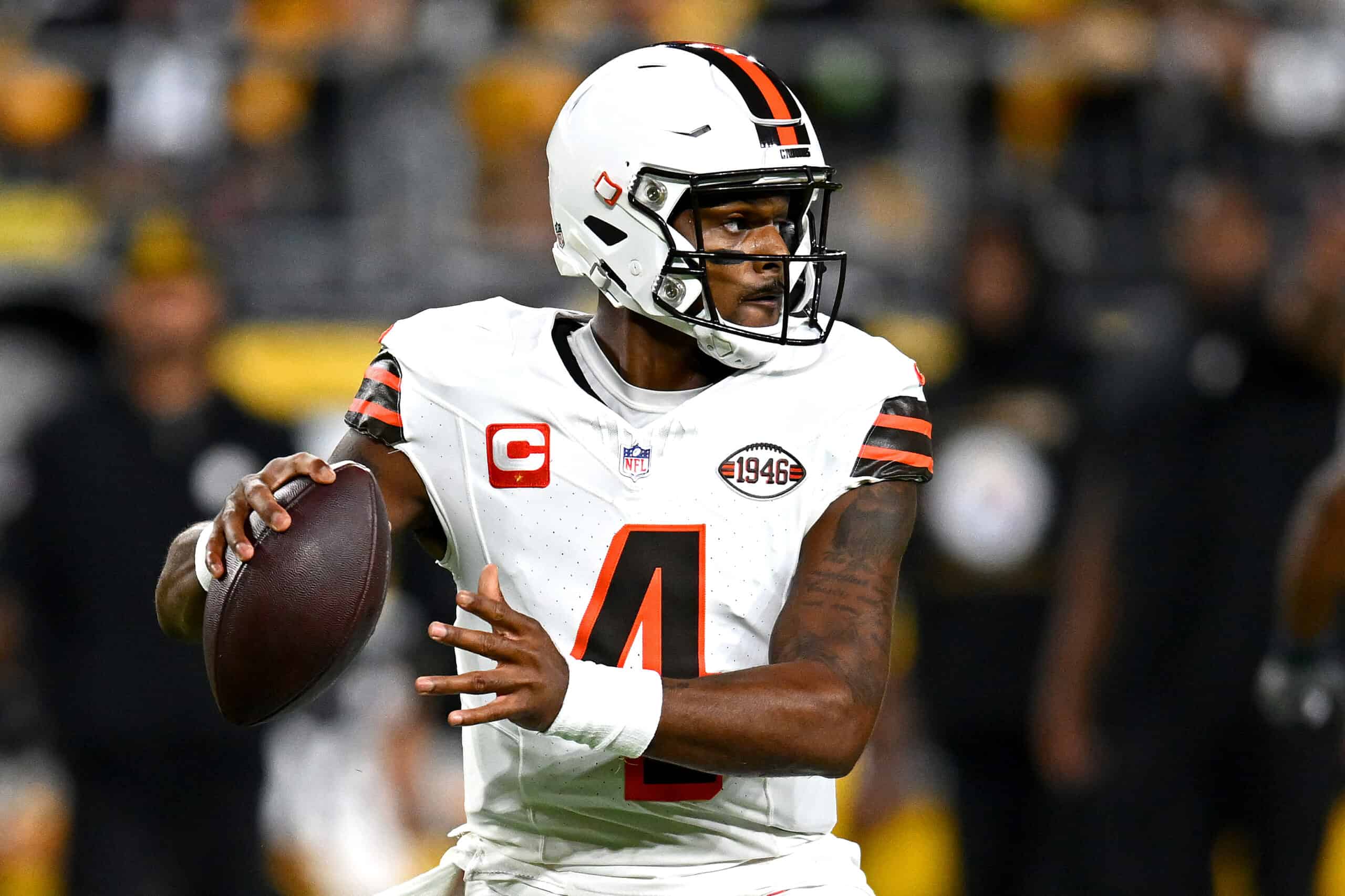 Deshaun Watson #4 of the Cleveland Browns looks to pass against the Pittsburgh Steelers during the first quarter at Acrisure Stadium on September 18, 2023 in Pittsburgh, Pennsylvania.